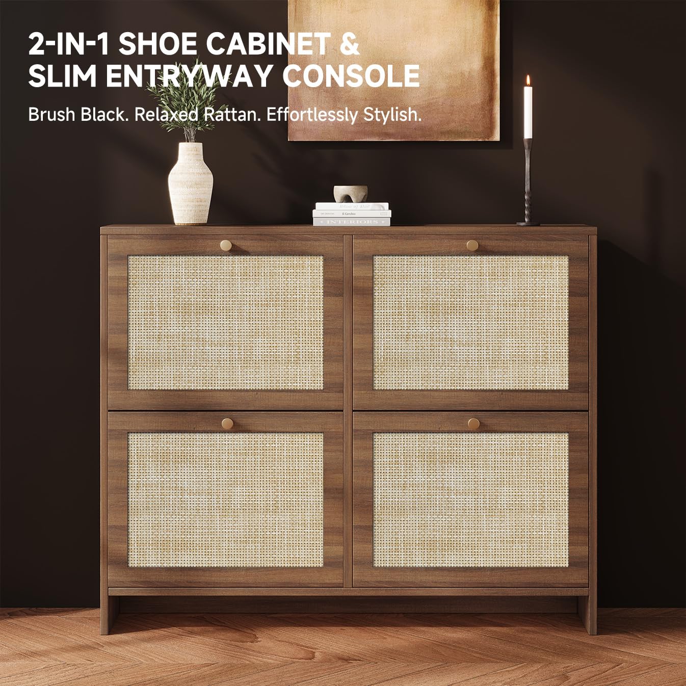 Nicetree Shoe Cabinet Storage for Entryway, 4-Flip Drawer Narrow Shoe Rack, Organic Modern Rattan Shoe Organizer with Gold Legs, Shoe Organizer Fits Men's Size 13.5, Toasted Caramel Walnut