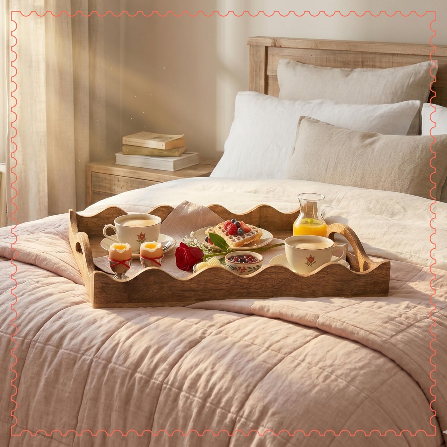 Mela Artisans 16” x 12” x 2.5” Mango Wood Serving Tray with Handles – Ottoman Scalloped White Burnt – Large Handcrafted Wooden Serving Board for Breakfast, Coffee & Home Décor