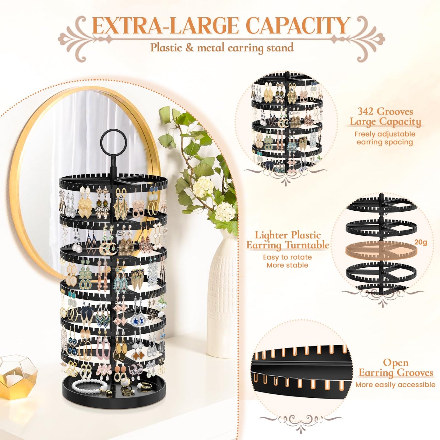iDavosic.ly 6 Tier Rotating Earring Holder Organizer with Metal Tray, Adjustable Plastic Dangle Display Stands Tree with 342 Grooves, Large Hoop Storage Rack Tower, Black