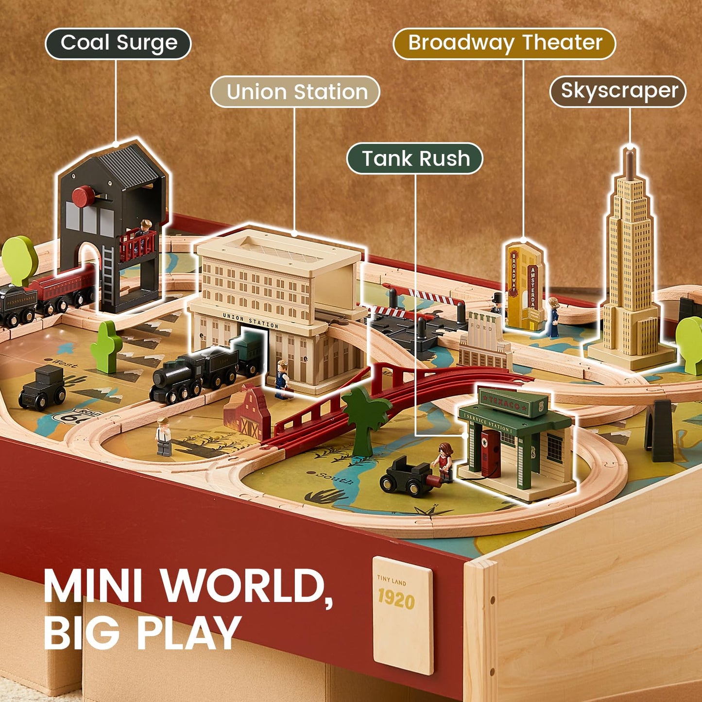 Tiny Land Large Wooden Train Table (47.9”x35.2”), 104PCS Train Set, 3 Storage Bins, Activity Playset for Kids Ages 3+