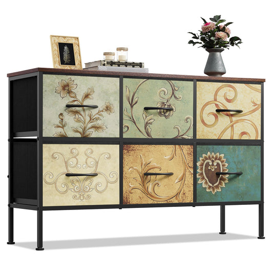 WLIVE Dresser for Bedroom with 6 Fabric Drawers, Closet Dresser with Metal Frame, Wooden Top, Chest of Drawers for Closet, Floral Painted
