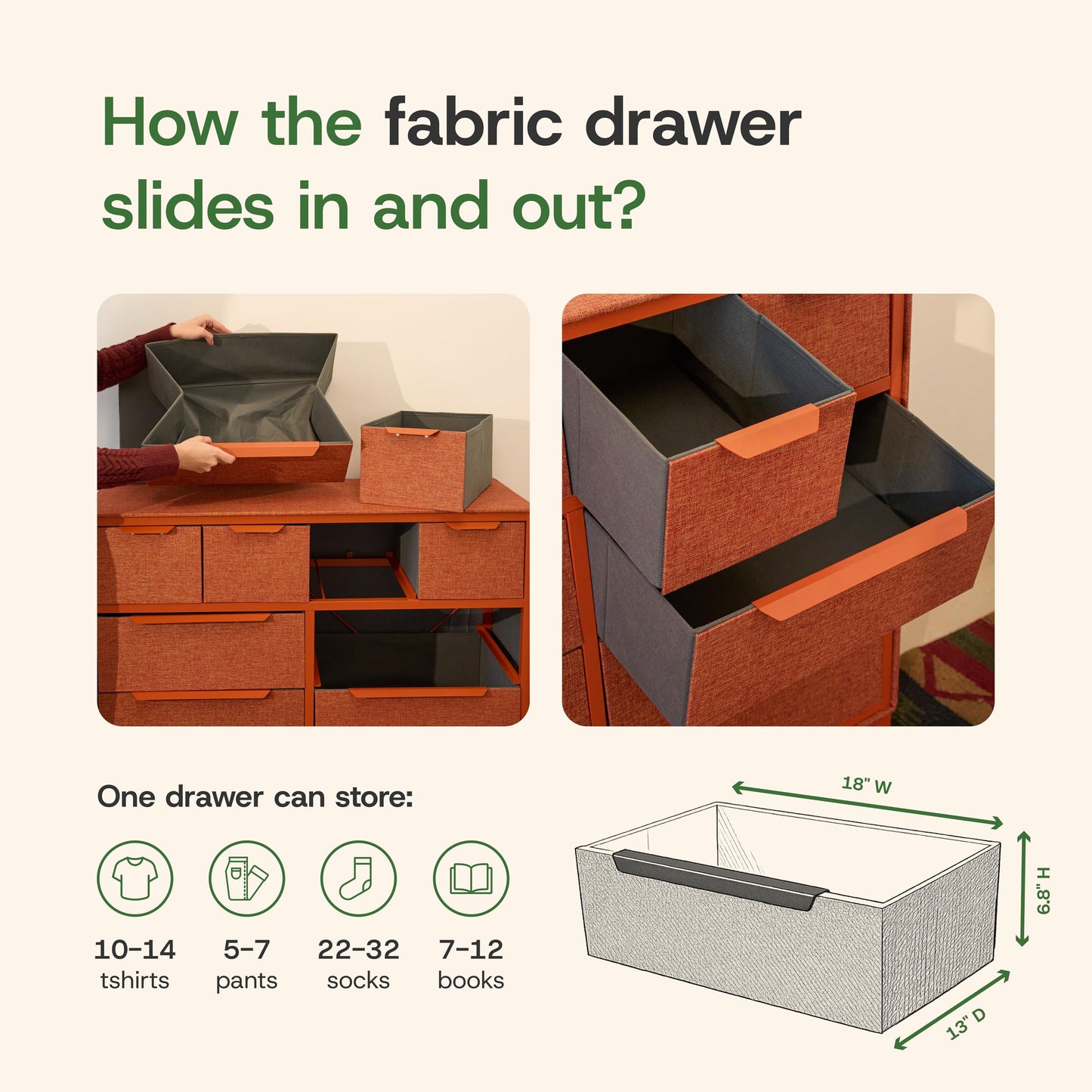 tinge Naima Premium Fabric Dresser - Strong Metal Frame, 10 Spacious Sag-Proof Drawers with Sleek Metal Handles - Premium & Durable Storage Solution for Your Home (Orange)