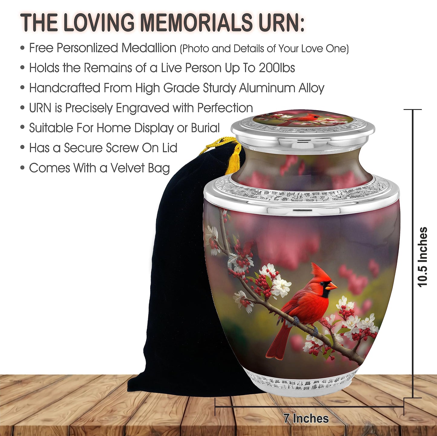 Personalized Medallion Elegant Cardinal Cremation Urns for Adults - 200lbs Burial Urns - Handcrafted Funeral Decorative Urns with Velvet Bag