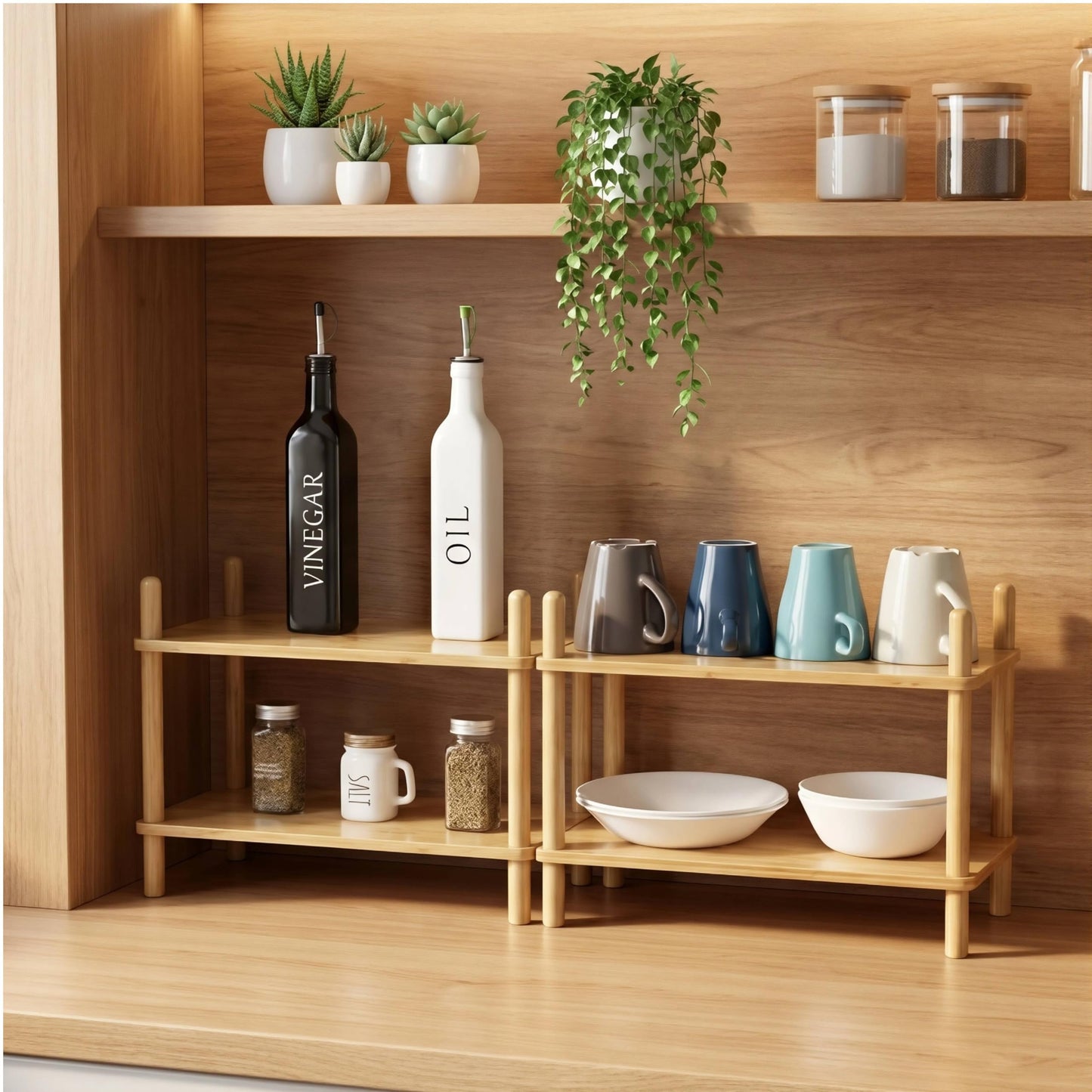WooFawn 2-Tier Expandable Bamboo Desktop Organizer Shelf Kitchen Cabinet and Counter Riser Display Shelf for Top of Desk Home Office Bathroom Coffee Table Display Stand,Natural