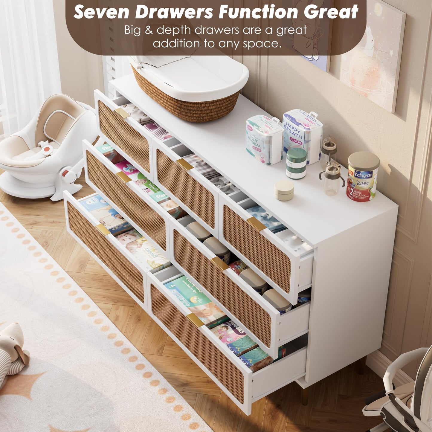 GarveeHome Rattan 7 Drawer Dressers for Bedroom, Tall Dresser with Deep Drawers, Large Chest of Drawers for Closet with Wide Top, Long Wooden Dresser for Living Room, Hallway, Kids Room, White