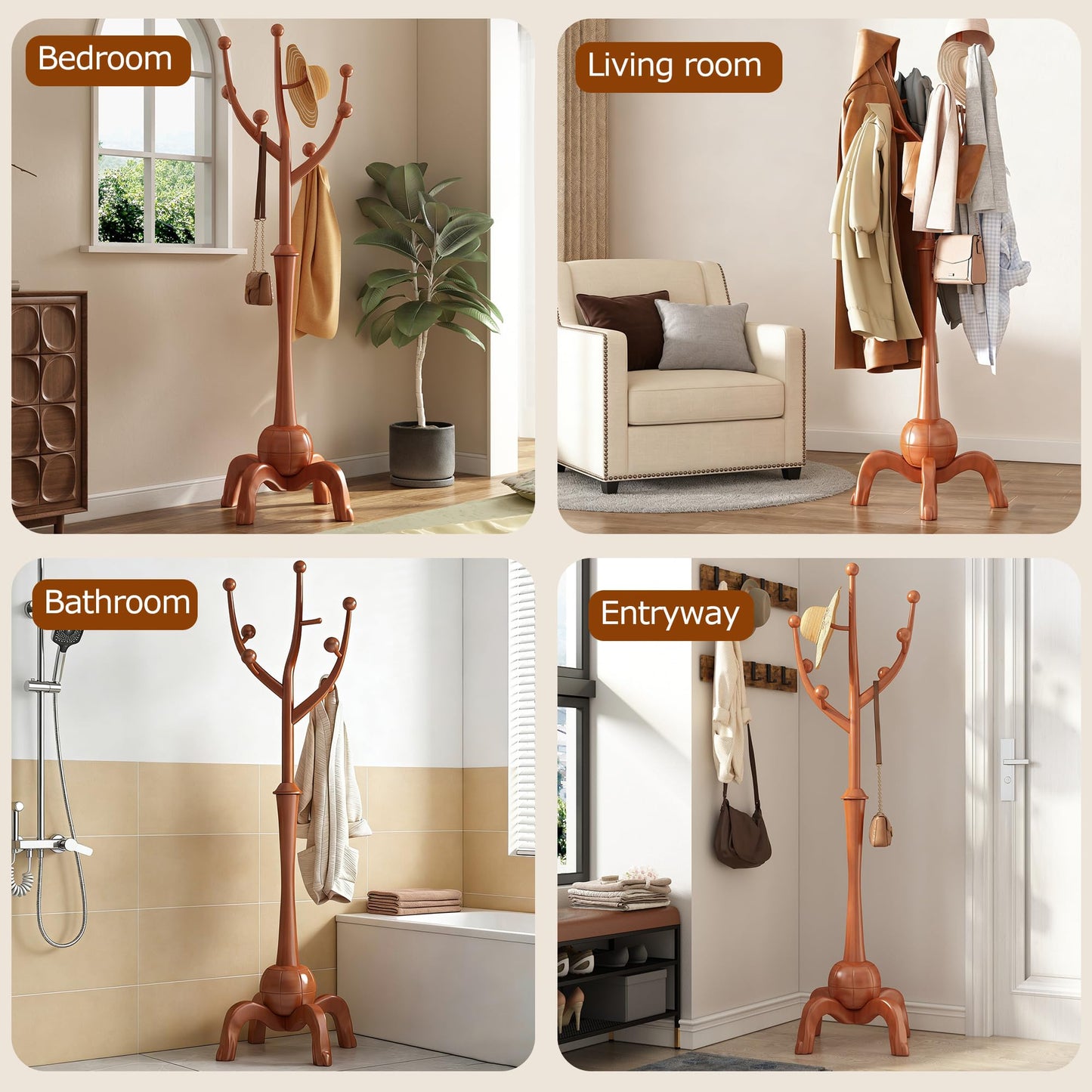 GAMNOF Wood Freestanding Coat Rack with 8 Hooks Coat Tree Standing,Brown
