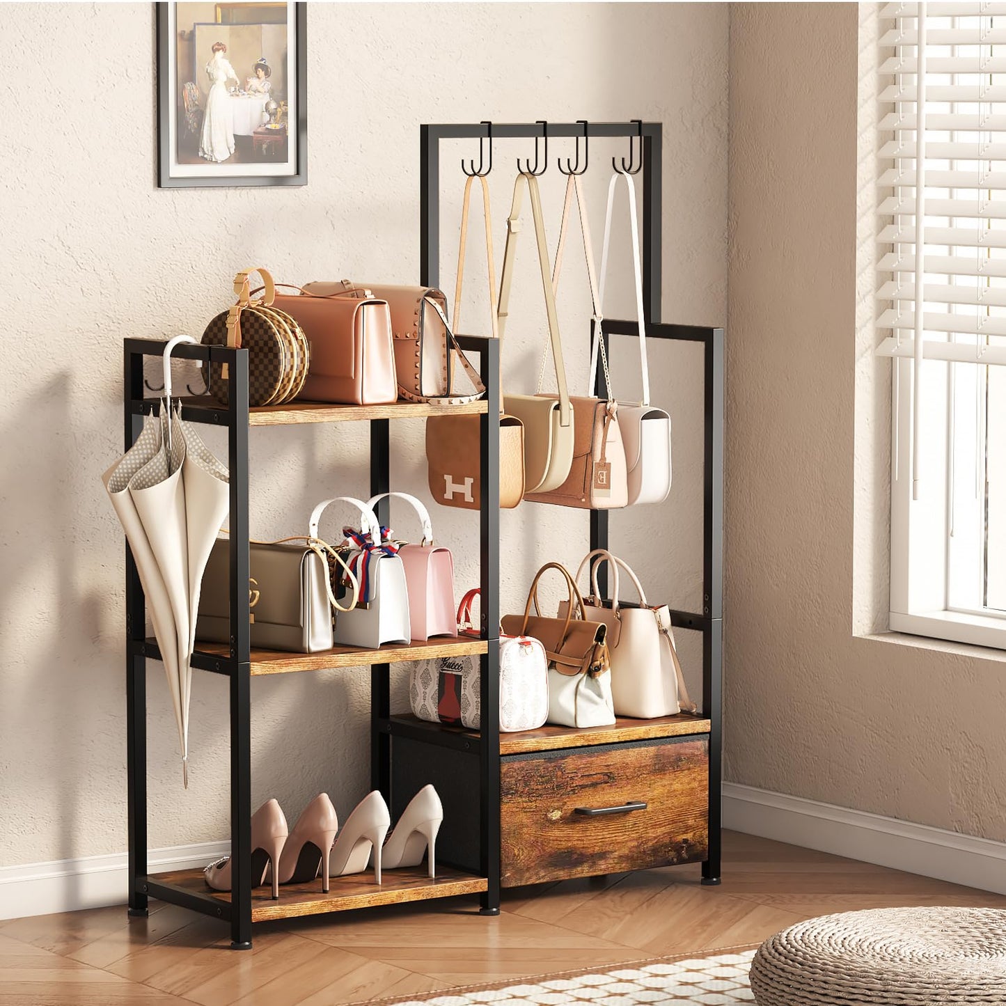 BTaoyutt 3-Tier Ironwood Purse Rack – Large Drawer & 6 Hooks for Handbag Storage ，Purse Display Shelf& Bag Organizer for Various Bags(Rustic Brown)