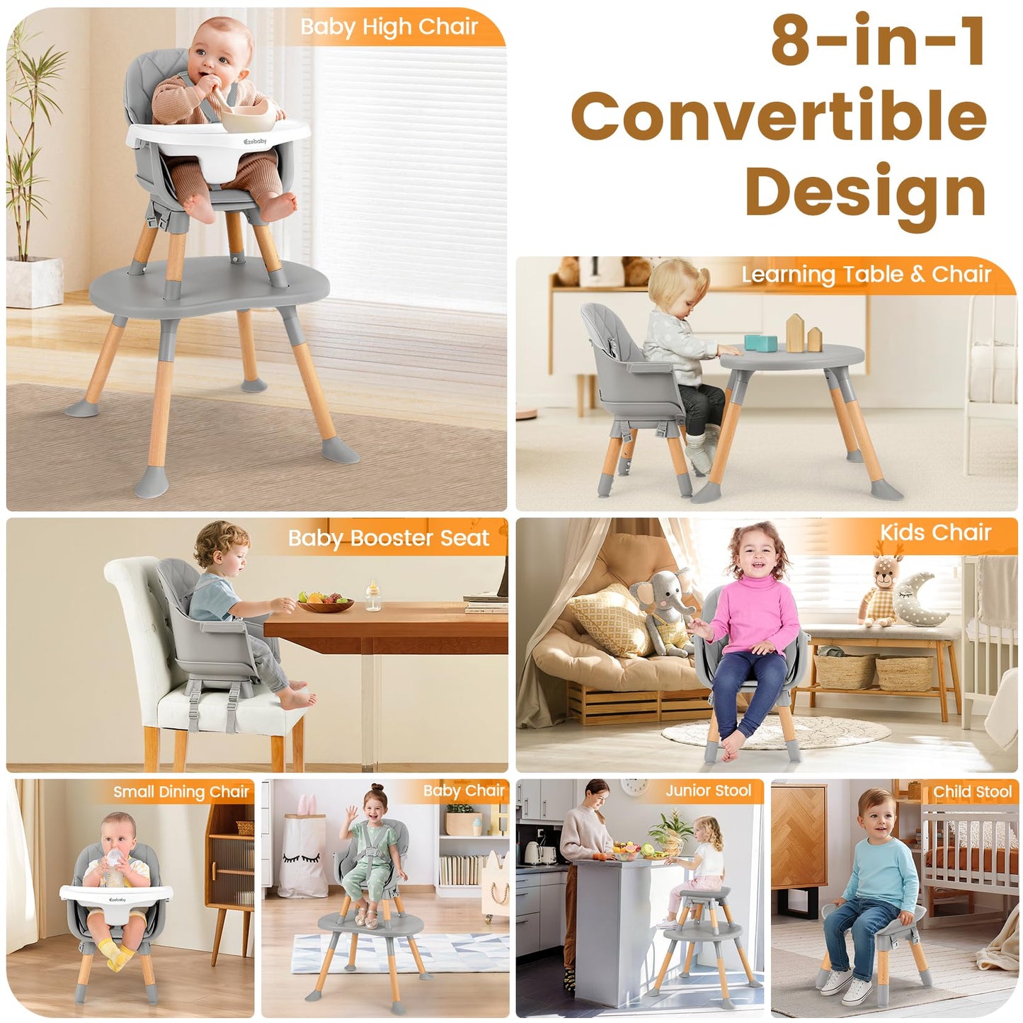 Ezebaby 8-in-1 Baby High Chair, Convertible High Chair for Babies and Toddlers/Booster Seat/Toddler Chair/Table & Chair Set/Kids Stool, Wood Highchair with Removable Tray, Seatbelt, PU Cushion (Gray)