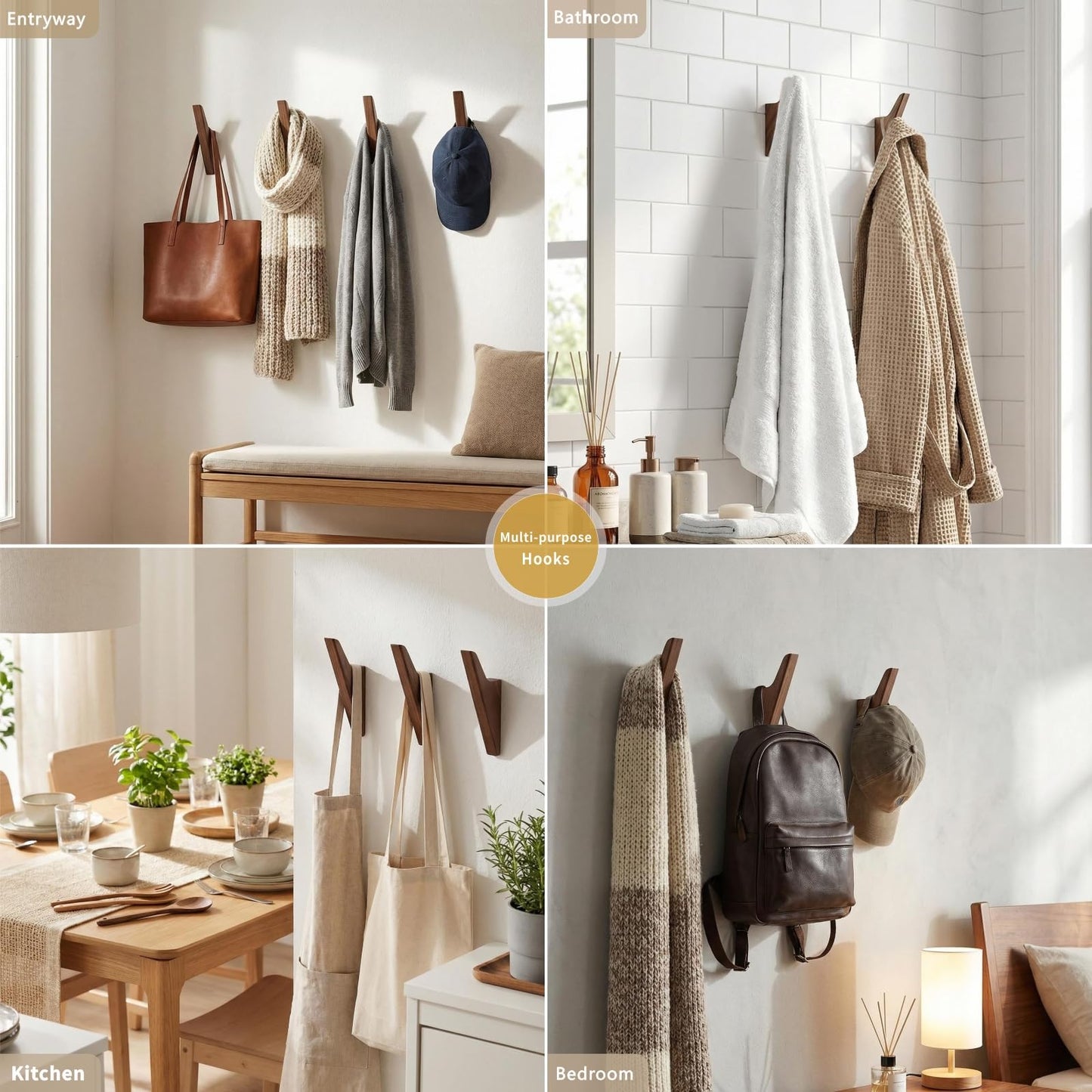 FCOWK Walnut Wood Wall Hooks - 4 Pack, Heavy Duty Coat Hooks Wall Mount for Entryway, Bathroom & Bedroom. Minimalist Wooden Wall Hooks for Hanging Coat, Hat, Bag, Towel, Backpack (Dark Walnut)