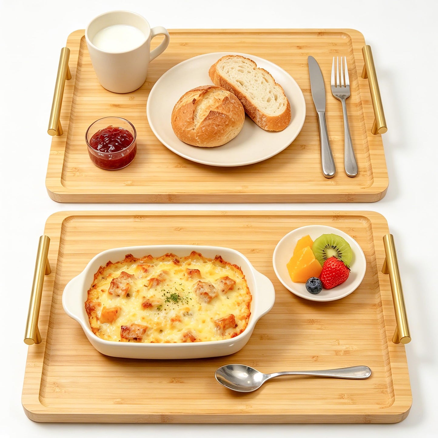 HAUSMODA 2 Pack Bamboo Serving Tray with Metal Handles, 15.8×11.4“ Solid Wooden Tray for Food, Rectangular Decorative Tray for Ottoman, Coffee Table, Living Room, Bathroom, Party