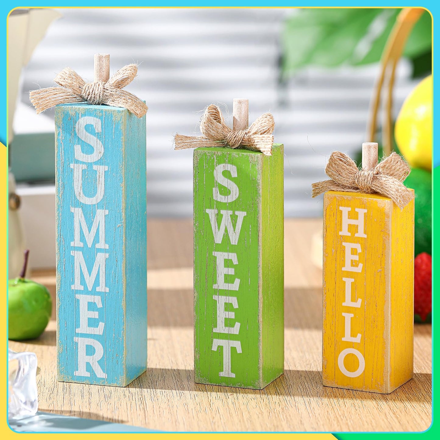 Seeloowy 3 Pcs Hello Sweet Summer Table Block Signs Rustic Farmhouse Wood Lemon Centerpiece Blue Yellow Green Hello Summer Decorations for Tiered Tray Decor Home Office Kitchen Mantel Shelf Indoor