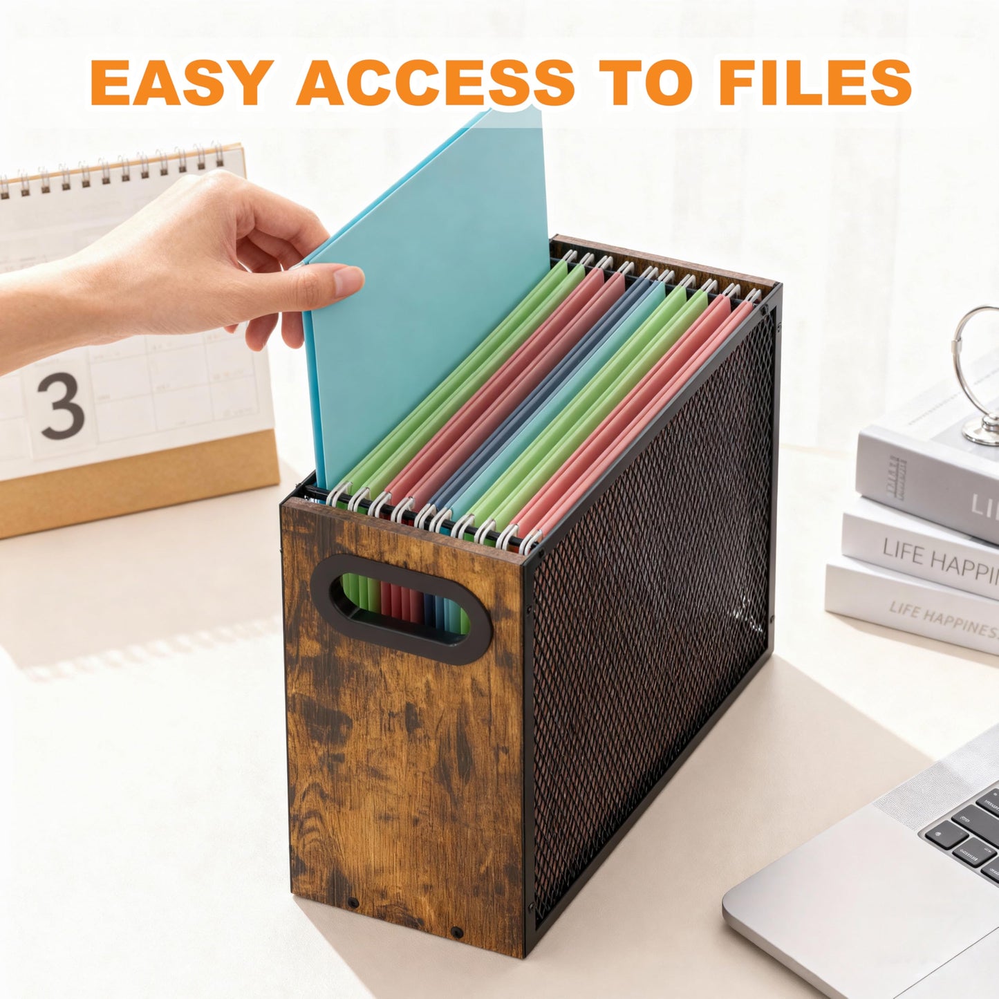 Piskyet Wooden Hanging File Organizer for desk, Metal Mesh File Folder Organizer Crate Cabinet Storage Box with Handle for Home Office Desk,Letter - Size,Rustic Brown