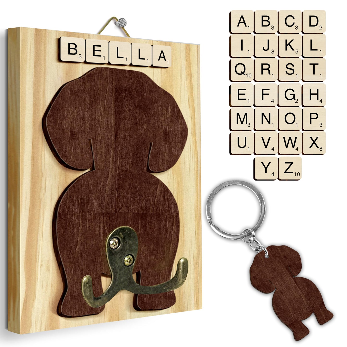 VINARTSVN Beagle Dog Leash Holder Wall Mount with Scrabble Letters, Wooden Dog Wall Hook Organizer, Pet Collar and Harness Hanger for Entryway, Key Hook Gift for Pet Lovers, Home Decoration PF297-8
