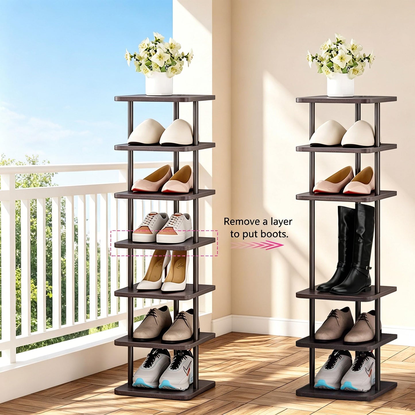 SORCEDAS 7 Tiers Vertical Shoe Rack Wooden Shoe Storage Organizer for Space Saving Narrow Shoe Shelf Storage 7 Pairs for Entryway Living Room Bedroom(Black + Rustic Dark Brown)