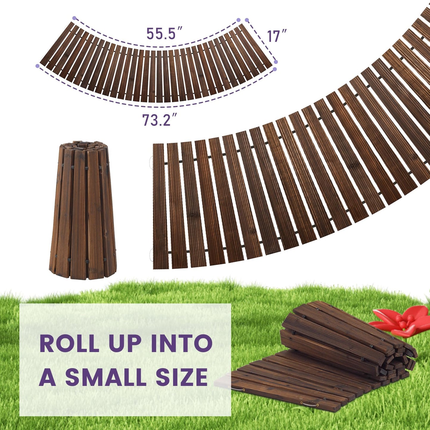 Wooden Garden Pathway, Outdoor Roll Out Sycamore Straight Walkway, Weather-Resistant (Carbonized, 6FT Curved)
