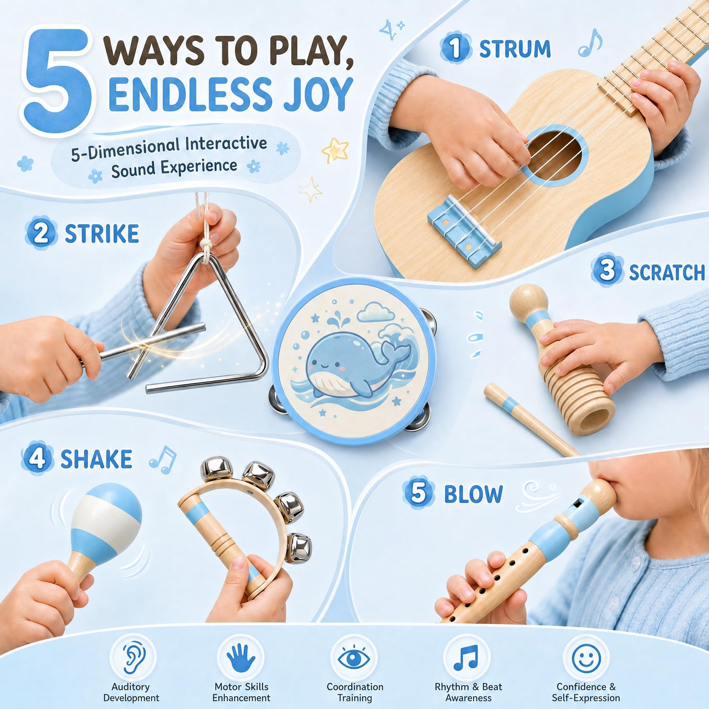 Soundo Kids Musical Instruments Set - 7P Toddler Ukulele for 2+ Year Old Boys Girls, Birthday Gifts for Kids 2 - 5, Christmas Wooden Toys, Party Kit with Ukulele, Maracas, Tambourine (Blue)