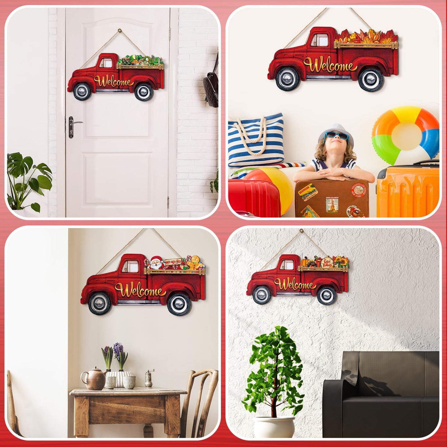 Ferraycle 13 Pcs Fall Interchangeable Welcome Sign, Red Truck Door Hanger with 12 Seasonal Signs, Holiday Christmas Rustic Farmhouse Front Door Decor
