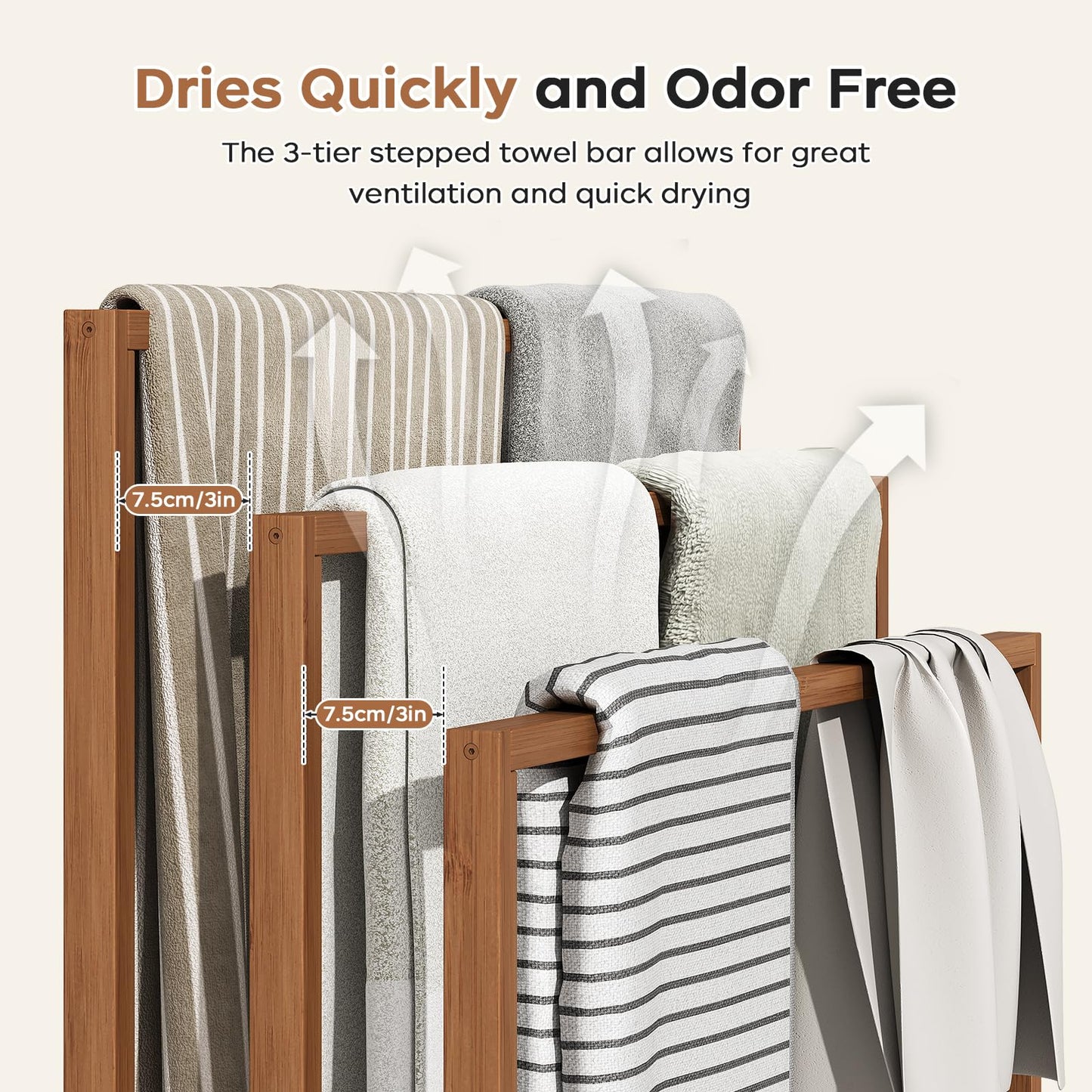 oakvivo 39.3'' Tall Freestanding Towel Rack, 3 Tier Blanket Racks with Shelf, Bamboo Towel Drying Rack for Laundry Bathroom Hand Towels Blanket Holder (Walnut)