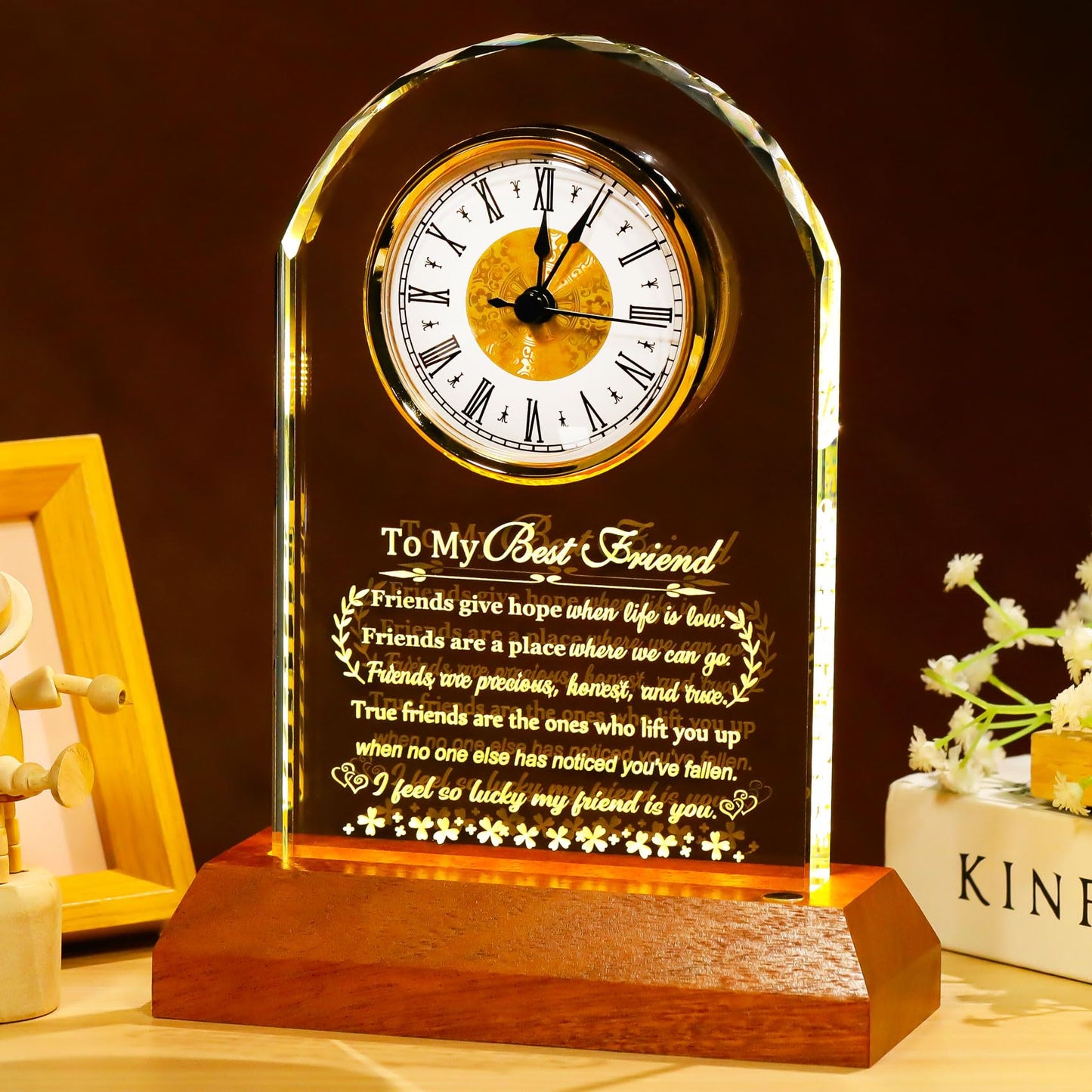 Arikyrist Best Friend Birthday Gifts for Women Men Crystal Clock with Wooden LED Light Base to My Best Friend for Christmas Friendship Gifts Unique Home Office Desk Decor