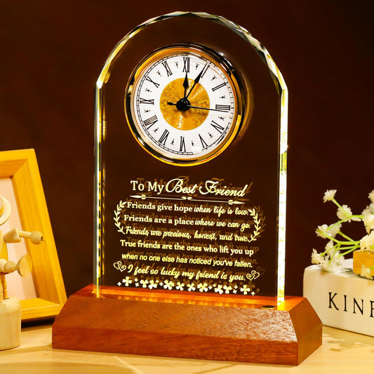 Arikyrist Best Friend Birthday Gifts for Women Men Crystal Clock with Wooden LED Light Base to My Best Friend for Christmas Friendship Gifts Unique Home Office Desk Decor