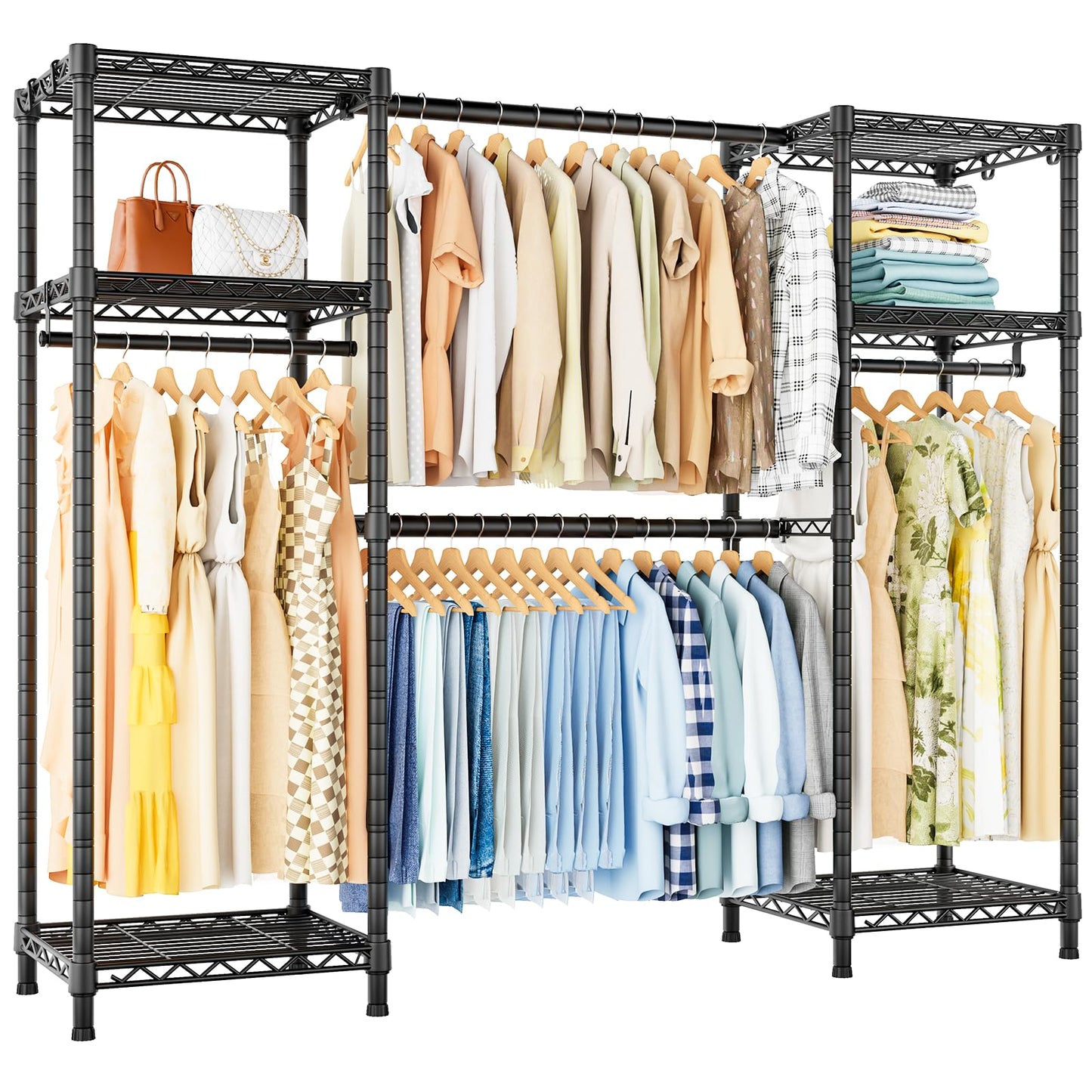 Ulif E7 Garment Rack, Heavy Duty Clothes Storage System with Extendable Hangers Rods, Metal Clothe Rack with 6 Wire Shelves, (52.3"-72") W x 14.5" D x 71.2" H, Load 838 LBS