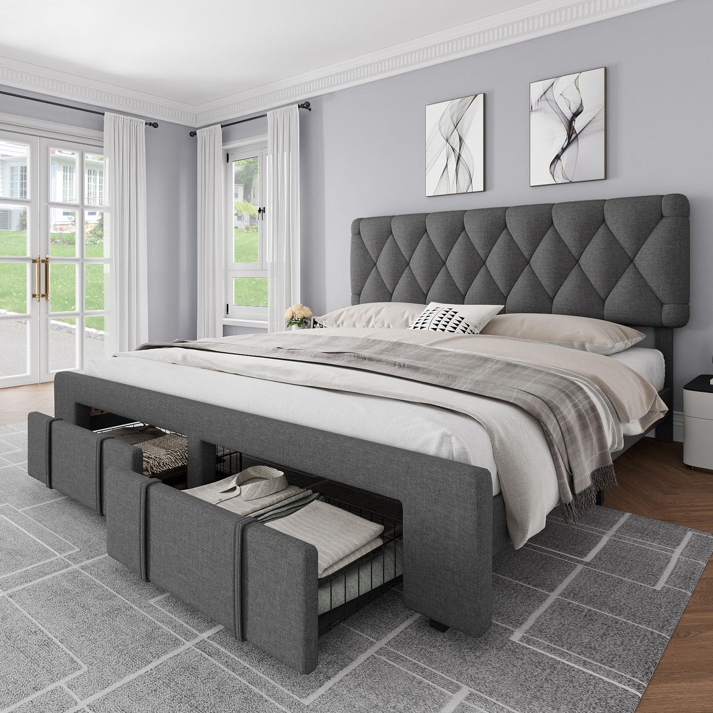 GAOMON King Size Upholstered Platform Bed Frame with Storage Drawers, Mattress Foundation with Solid Wooden Slats, No Box Spring Needed, Grey