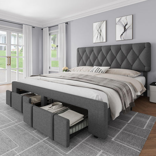 GAOMON King Size Upholstered Platform Bed Frame with Storage Drawers, Mattress Foundation with Solid Wooden Slats, No Box Spring Needed, Grey