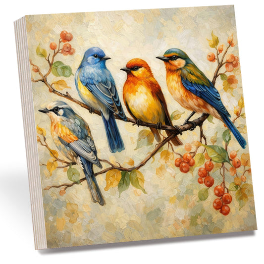 Colorful Birds Wooden Block Sign, Farmhouse Bird Decor, Rustic Spring Nature Art Shelf Sitter, Cottagecore Country Home Table Mantel Tiered Tray Gift