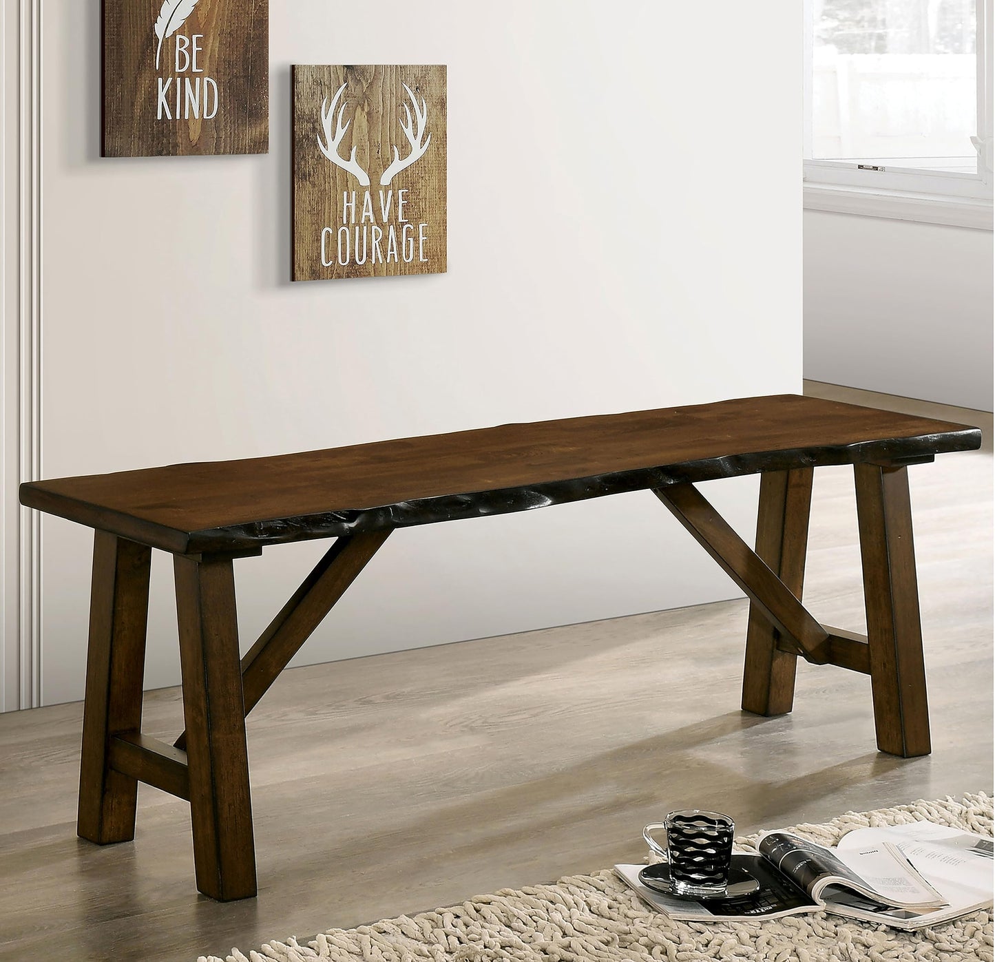 Furniture of America AKI Farmhouse 54-inch Rectangle Wood Dining Bench with Live Edge Design, Seats 3 for Dining Room, Kitchen, Walnut Brown
