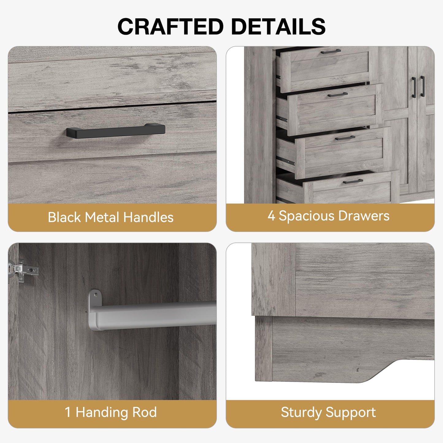 GarveeHome Multifunctional Wooden Dresser for Bedroom, 43.3 in H 2 Door Wardrobe Armoire Closet with 4 Drawers and Hanging Rod, Low Storage Cabinet for Hanging Cloth, Gray