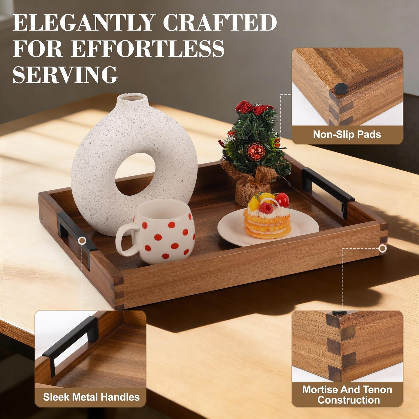 Large Ottoman Tray for Living Room and Coffee Table, Decorative Acacia Wood Serving Tray with Metal Handles for Breakfast in Bed, Dinner Food Kitchen TV (Natural, 20" x 14" x 2")