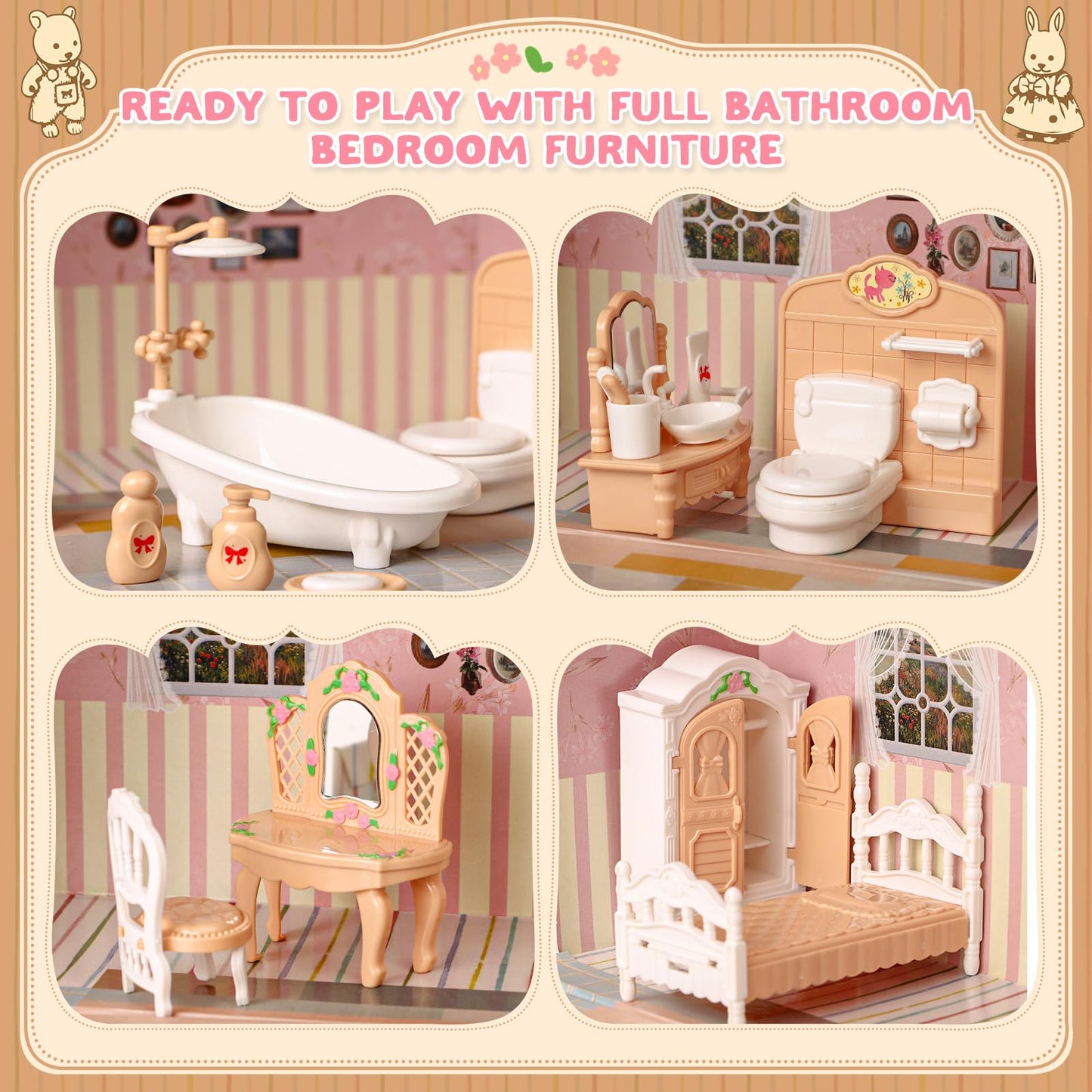 TUZT Suitcase Dollhouse Furniture Set for Kids, Mini Dollhouse Box with 2 Flexible Dolls and Bedroom&Bathroom Furnitures, Pretend Play Accessories Christmas Birthday Gift for Toddlers Ages 3+