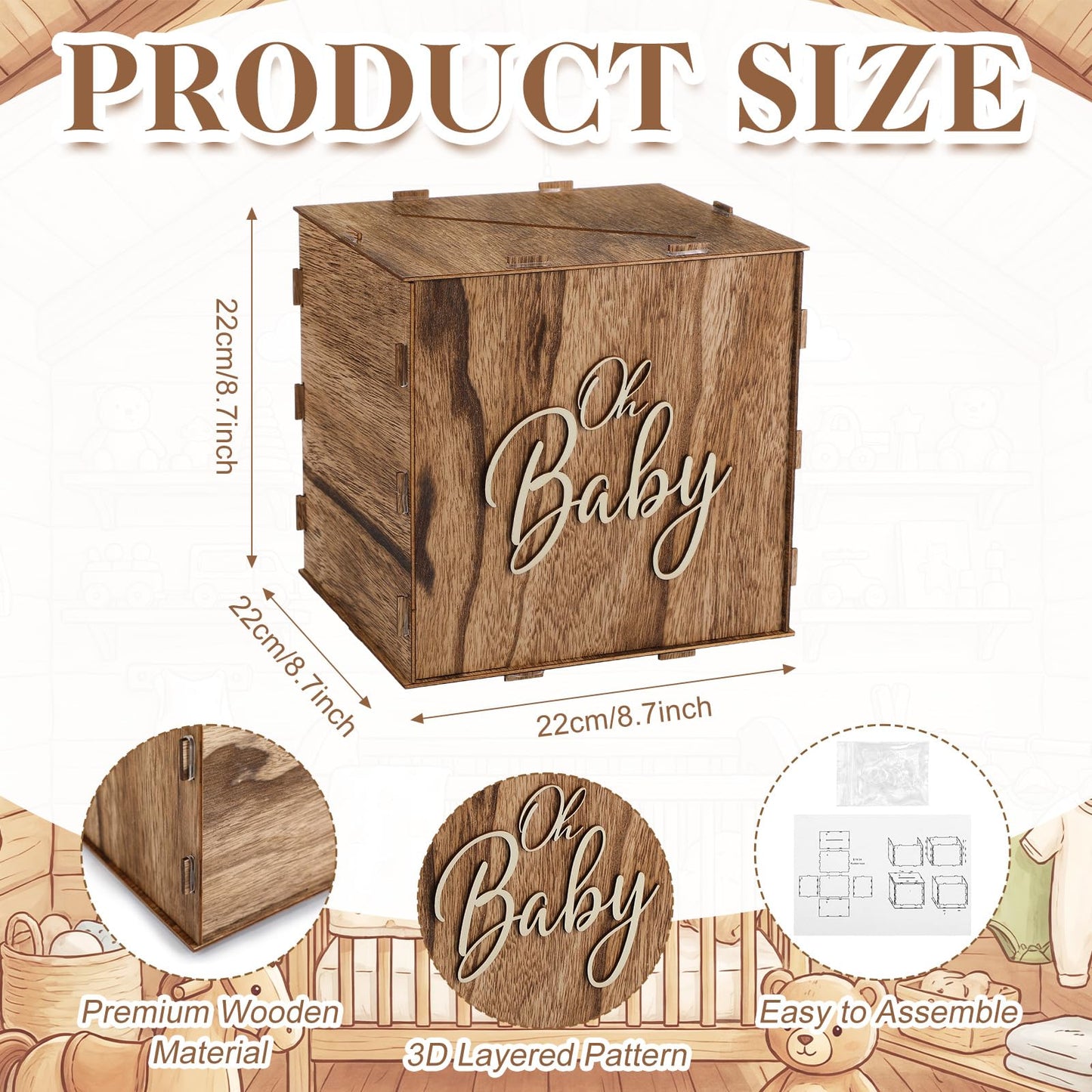 Bucherry Rustic Wooden Baby Shower Card Box Favors, 8.7 x 8.7 x 8.7 Inch Receiving Money Holder Card Box with Slot for Baby Showers, Birthday Party Table Centerpiece Decorations