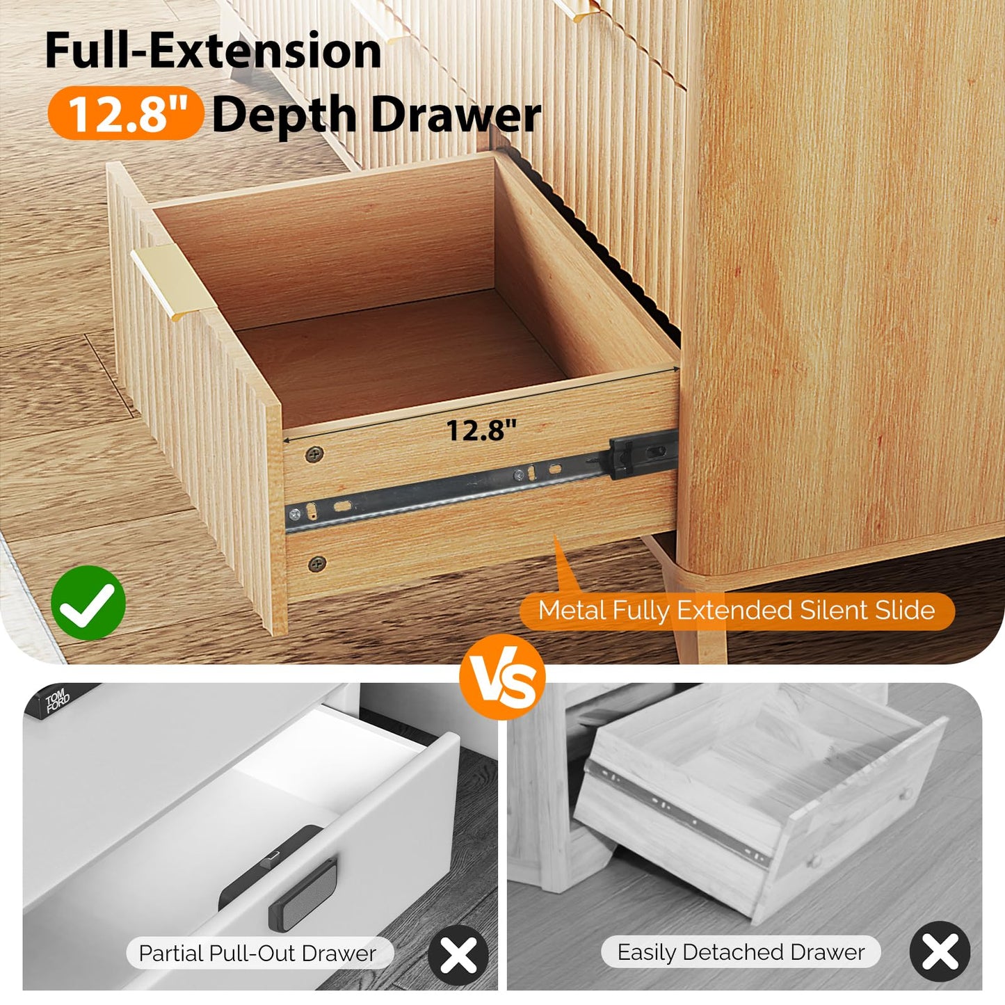 VINGLI Fluted 9 Drawer Dresser for Bedroom, Wood Dresser with Rounded Edges, 57" Long Dressers Oak, Natural Wood Color, 57" W*15.75" D*29.92" H