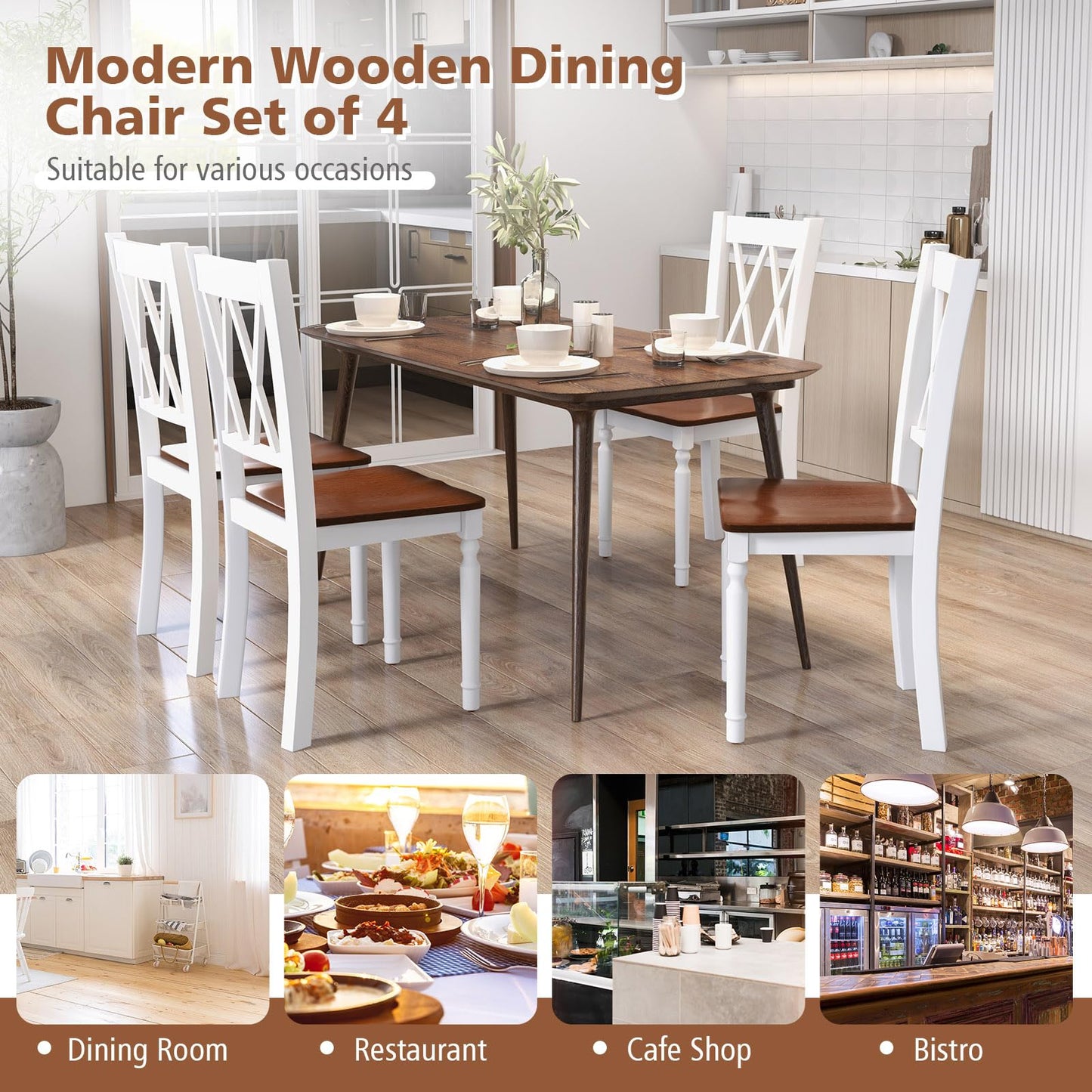 Giantex Dining Room Chairs Set of 2 White, Wooden Farmhouse Kitchen Chairs with Rubber Wood Seat, Acacia Wood Legs, Max Load 360 Lbs, Heavy Duty Wood Armless Dining Chairs with High Back