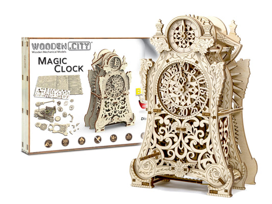 WOODEN.CITY Magic Clock 3D Wooden Puzzle for Adults – Mechanical Table Clock Kit with Working Gears - 140 Laser-Cut Pieces – Build & Display for Adults & Teens - Model Kit Gift