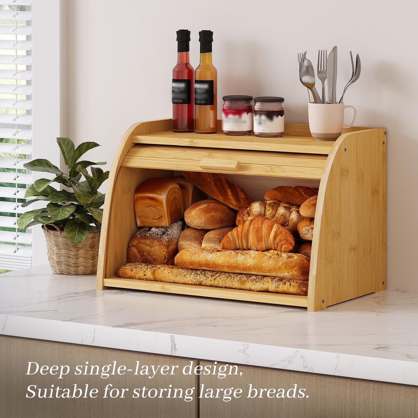 Kitsanery Bread Box for Kitchen Countertop, Bamboo Bread Storage, Double-Layer Roll-Top Bread Container, Farmhouse Bread Holder for Homemade Bread (Natural, single layer)