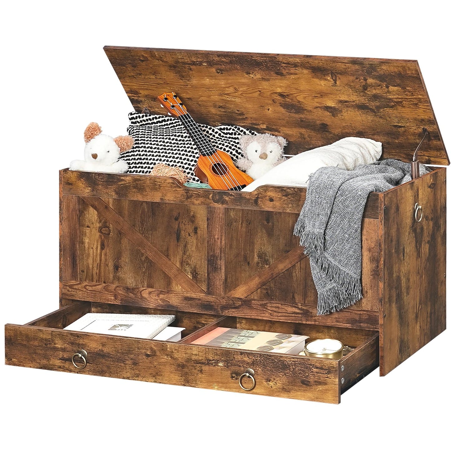 HOOBRO Storage Chest, 39.3" Toy Chest with Drawer, Wooden Storage Bench, Sturdy Entryway Bench Supports 220 lb, Shoe Bench, Safety Hinge, U-Shaped Opening, Easy Assembly, Rustic Brown FG710CW01G1