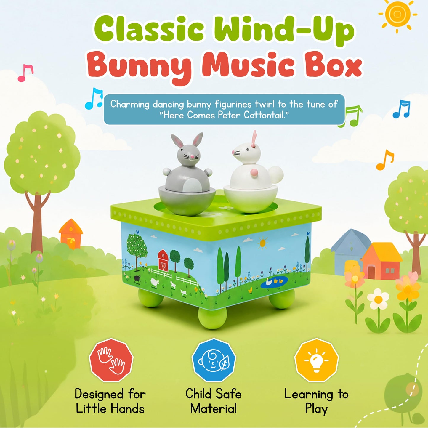 Jack Rabbit Creations Dancing Bunnies Wind-Up Music Box – Plays Here Comes Peter Cottontail – Wooden, Battery Free – Easter Gift & Basket, Bunny Decor, Ages 3+