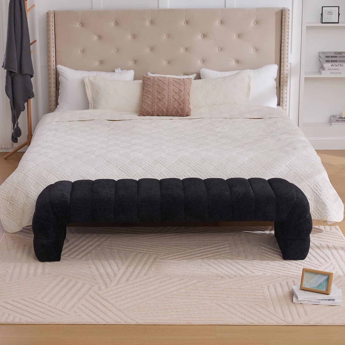 KEIKI 69.7" Modern Upholstered Armless Bed Bench, Channel Tufted Couch Daybed Chaise, Chenille Ottoman Foot Stool, Window Seat for Living Room and Bedroom, Entryway, Black