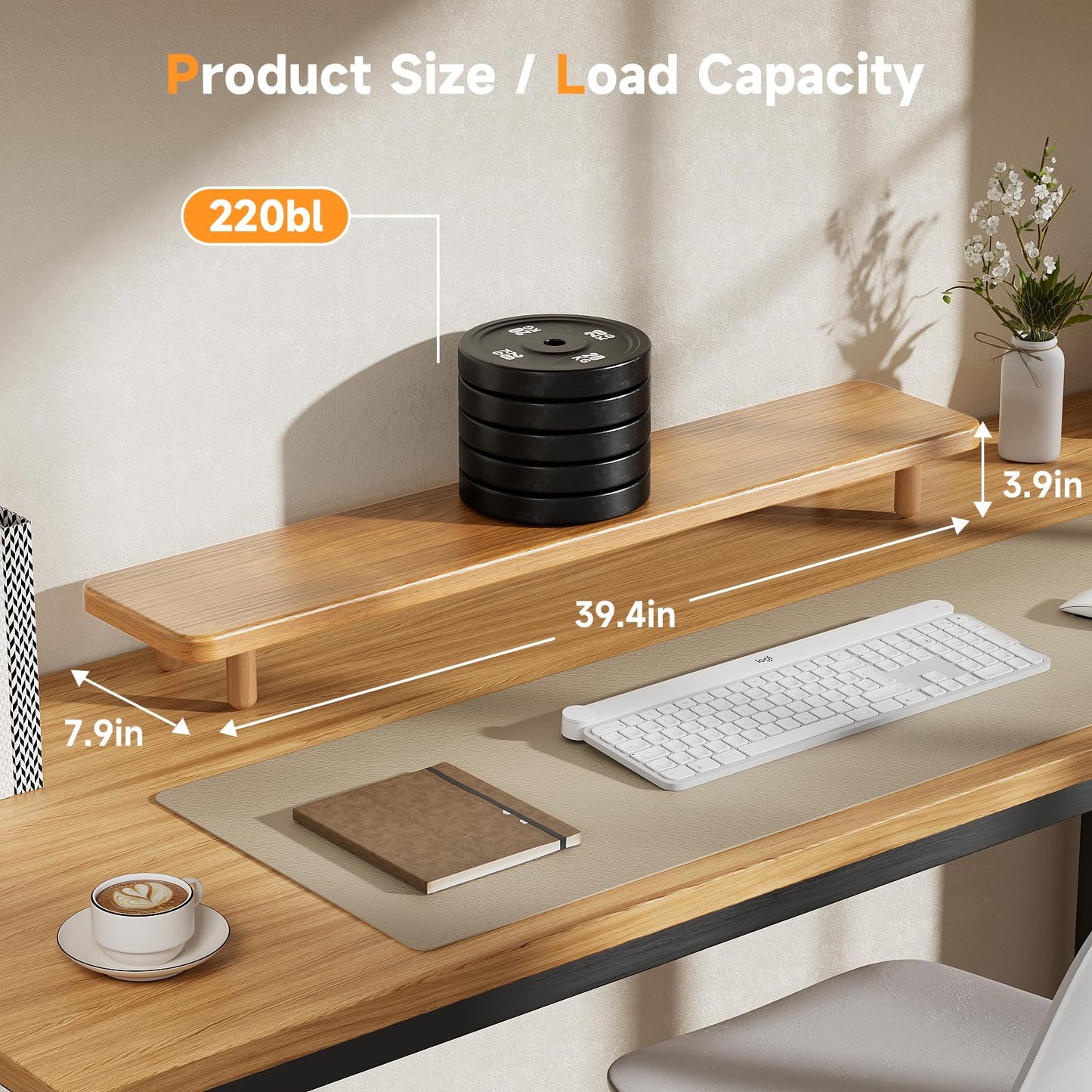 Dual Monitor Stand Riser, 39 Inch Extra Long Wooden Desktop Monitor Riser with Storage for 2 Monitors Ultra Strong Desk Shelf Organizer Riser Ergonomic for 2 Screens/Laptop/PC/TV/Printer (Light Walnut, 39inches)