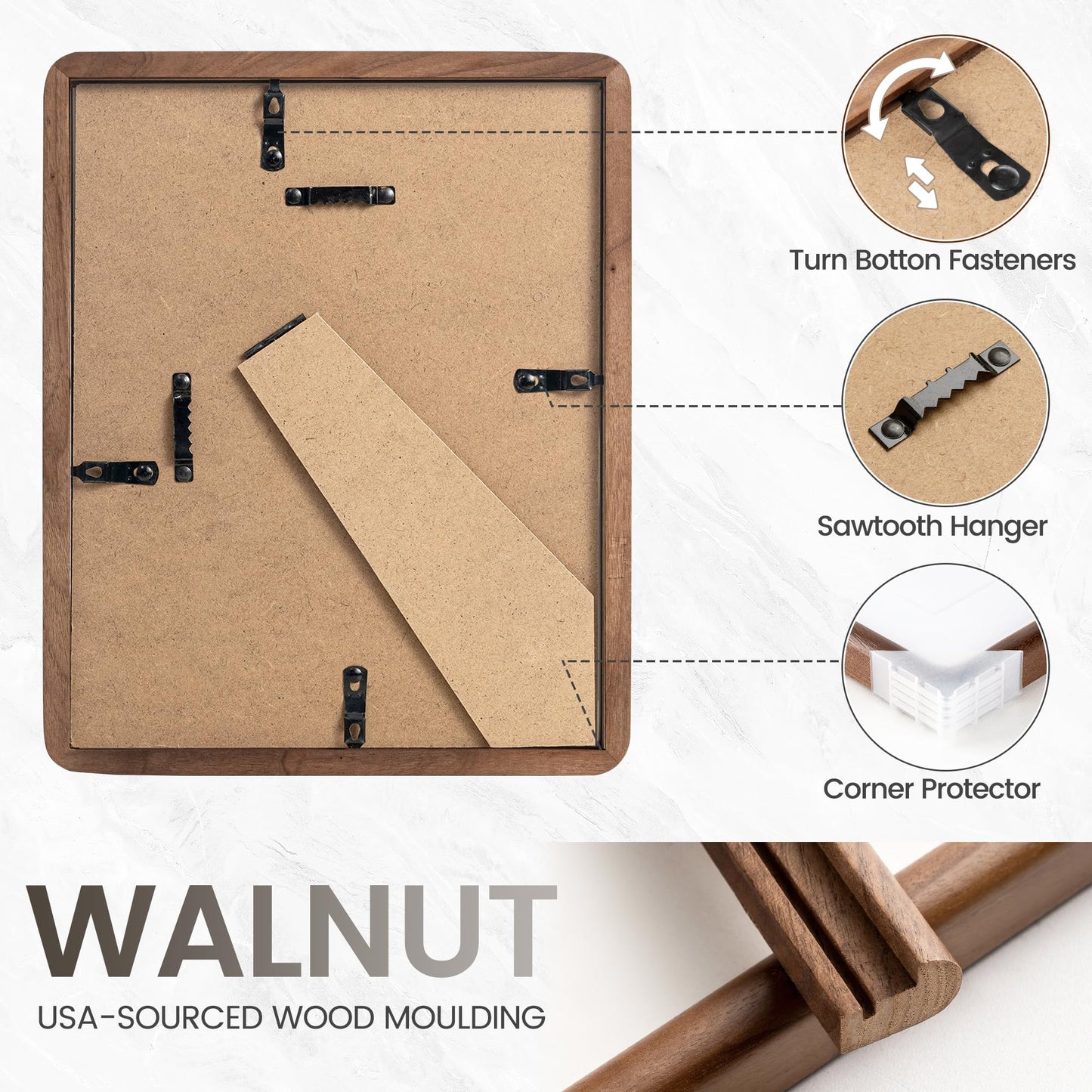 Venusmiles 8x10 Picture Frame, USA-Sourced Natural Walnut Wood Photo Frame with Tempered Glass, Handcrafted Rounded Corner 8 x 10 Wooden Frame Matted to 5x7 Photo, Wall or Tabletop Display