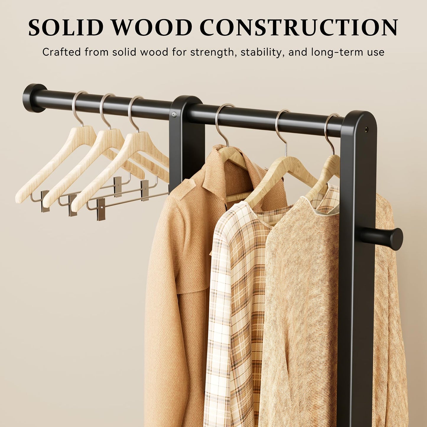 Wamhom Solid Wood Coat Rack, Freestanding Standing Clothes Rack with Double Hanging Rods for Coats, Jackets, Wooden Coat Tree Garment Rack for Bedroom Entryway Hallway, Space Saving Small Coat Rack