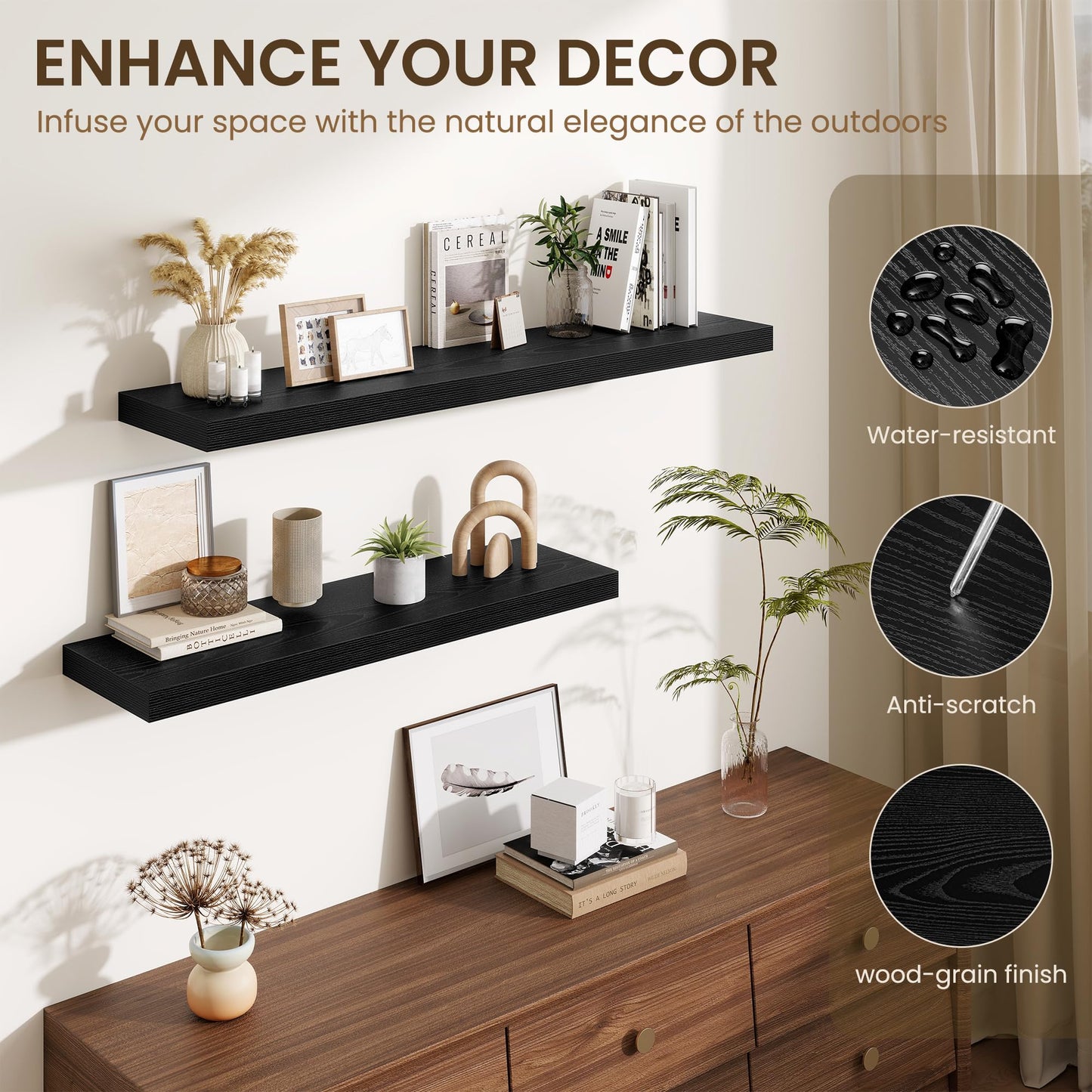 Fun Memories Floating Shelves for Wall, 32 Inch Long Floating Shelves Set of 2, 32 x 10 Wooden Shelves for Wall, Large Storage Shelves, Hanging Shelves for Bathroom Kitchen Bedroom, Black