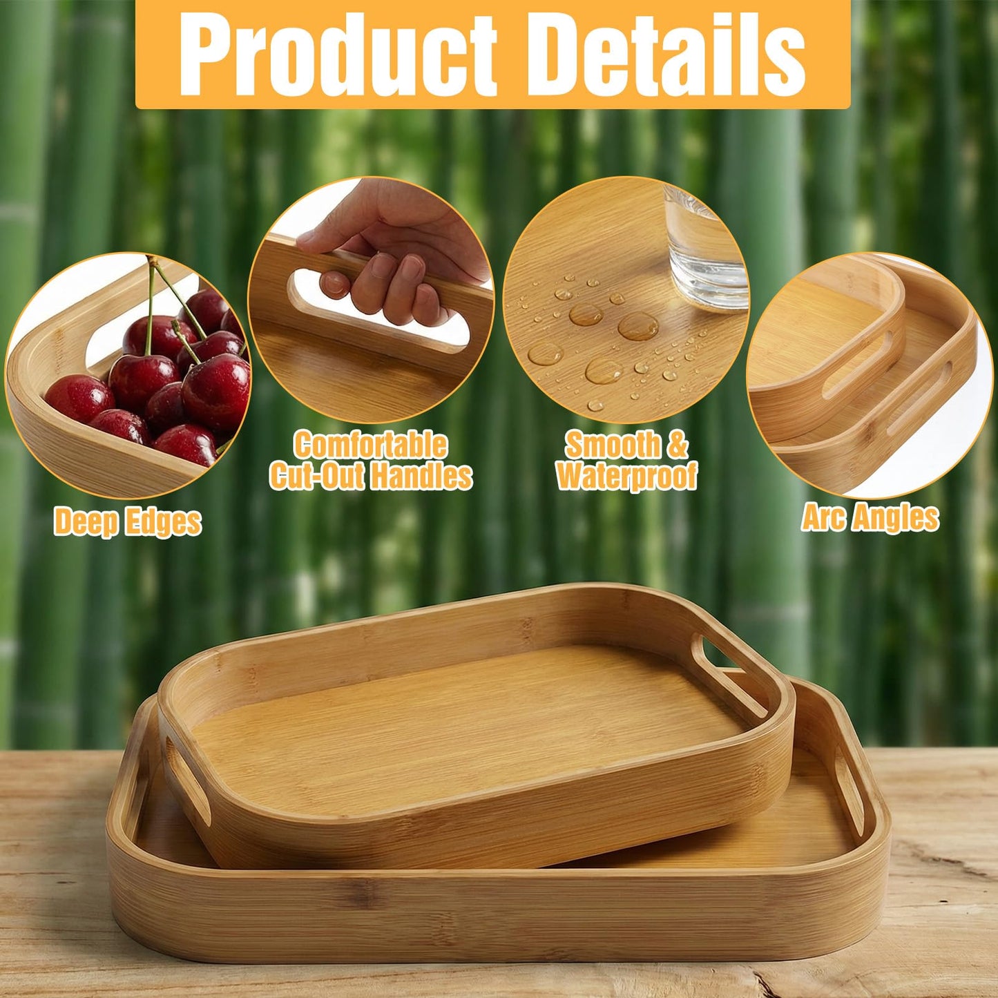 2-Pack Bamboo Serving Trays with Handles (16" & 13") – Large Solid Wood Breakfast Tray for Bed, Food Serving Platter for Coffee, Tea, Dinner, Party, Decorative Tray for Kitchen Counter & Living Room