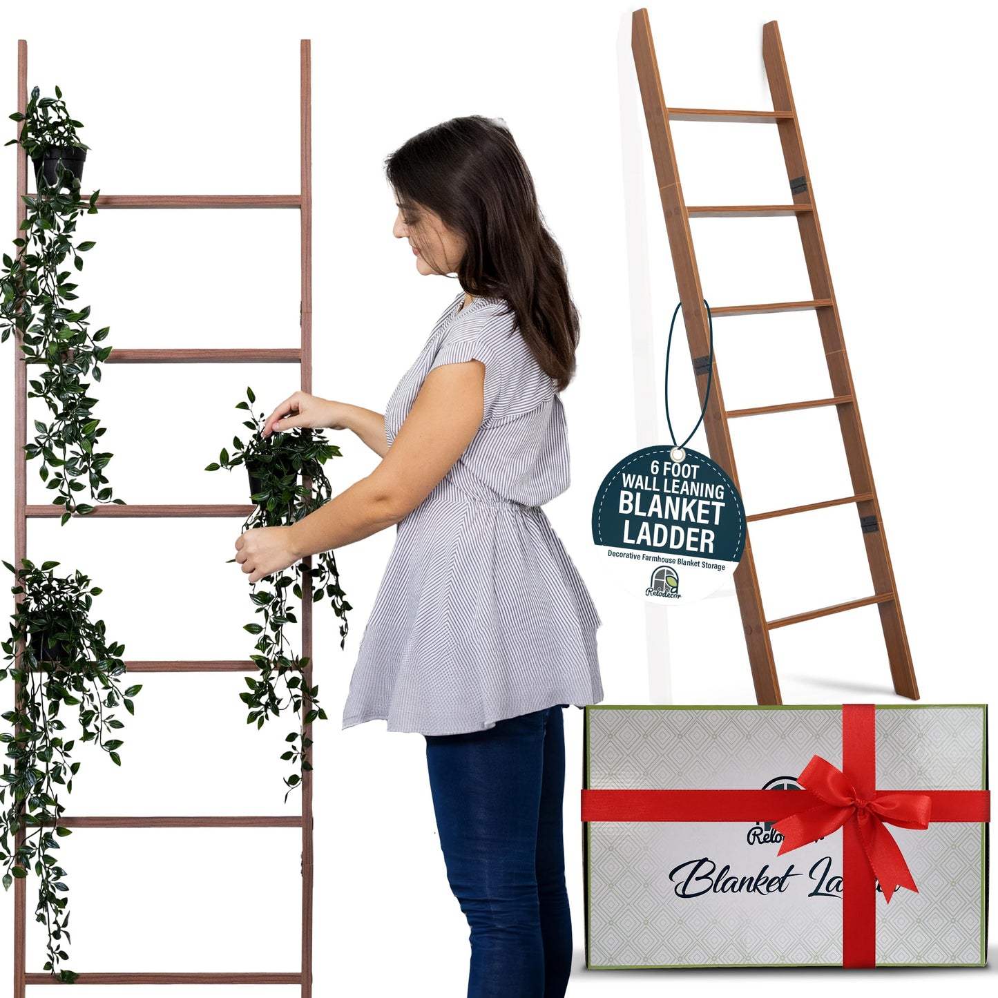 Blanket Ladder for Living Room and Bedroom, 5ft 8 inch, 6-Tier Wall Leaning Laminate No-Snag Construction (Brown) Rustic Decorative Farmhouse Blanket Storage, Quilt Rack, Ladder Shelf, Easy Assembly