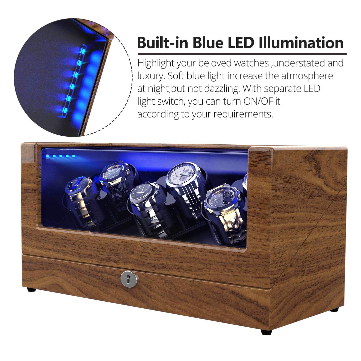TRIPLE TREE Watch Winder, for Rolex Automatic Watches with Soft and Flexible Watch Pillows, Wooden Shell, Powered by Japanese Motor, with Built-in Blue LED Illuminated