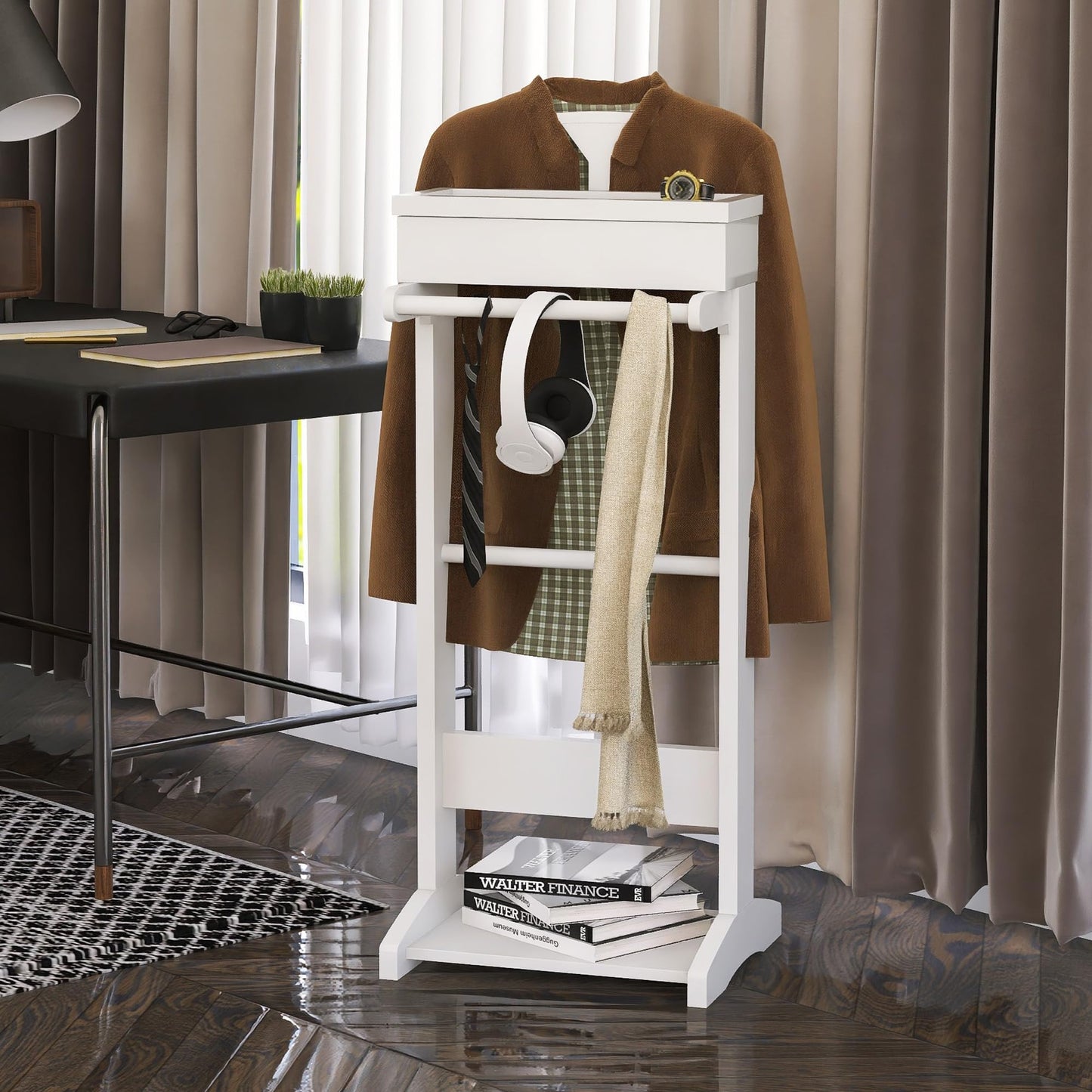 RELAHOGAR Suit Valet Stand for Men, Wooden Mens Valet Stand with Tray Organizer, Shoe Shelf, Hanging Rod & Suit Rack, Freestanding Clothes Rack for Bedroom, Entryway, Office, White