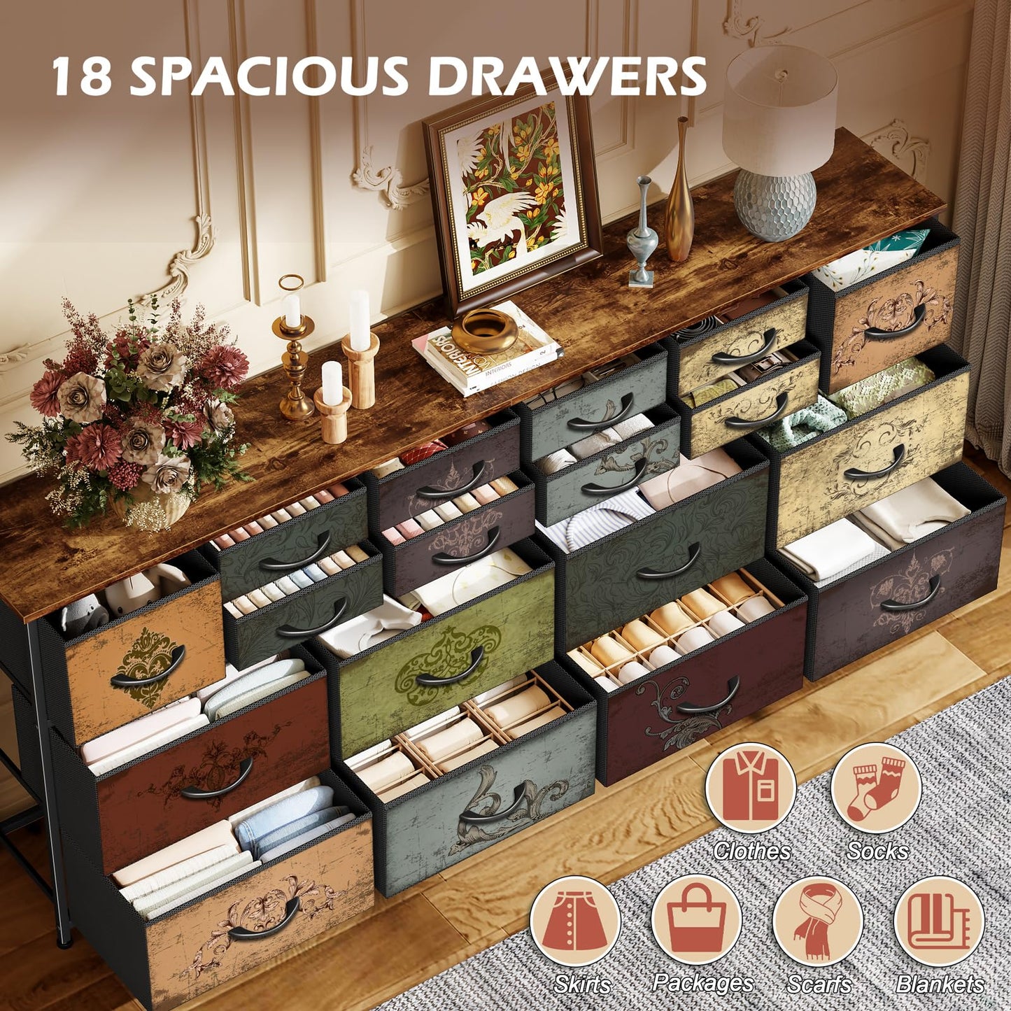 VASICAR 74.8" W Dresser for Bedroom, Wide TV Stand for 65, 75, 80 inch TV, Long Fabric Dresser with 18 Deep Drawers, Large Storage Organizer Cabinet, Wood-top Chest of Drawers (Pattern)