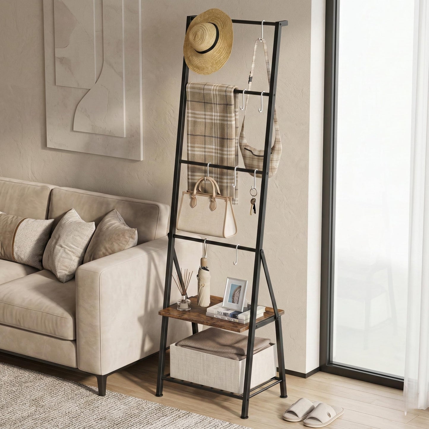 CADUKE Blanket Ladders for the Living Room, 6-Tier Rustic Blanket Rack Decorative Stand, Quilt Display Holder, Freestanding Towel Rack with Metal Frame, Wooden Shelf & 8 Hooks for Bedroom Bathroom